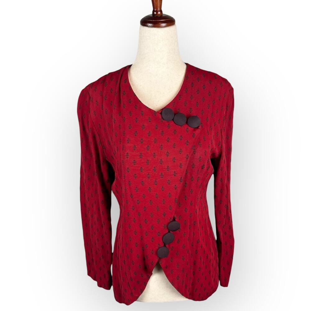 Vintage 1970s Women's Red and Black Kimono Style Button Blouse Size 8